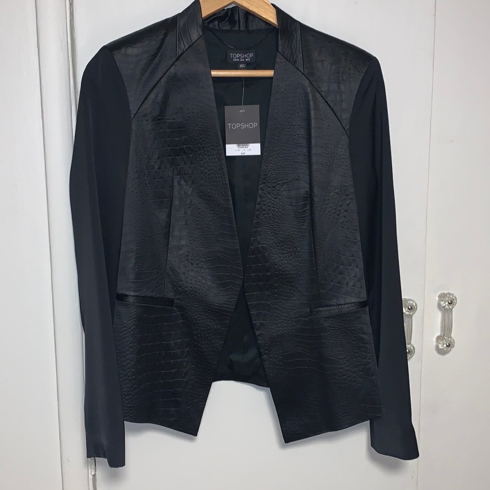 Topshop Black Faux Leather Reptile Print Blazer 8